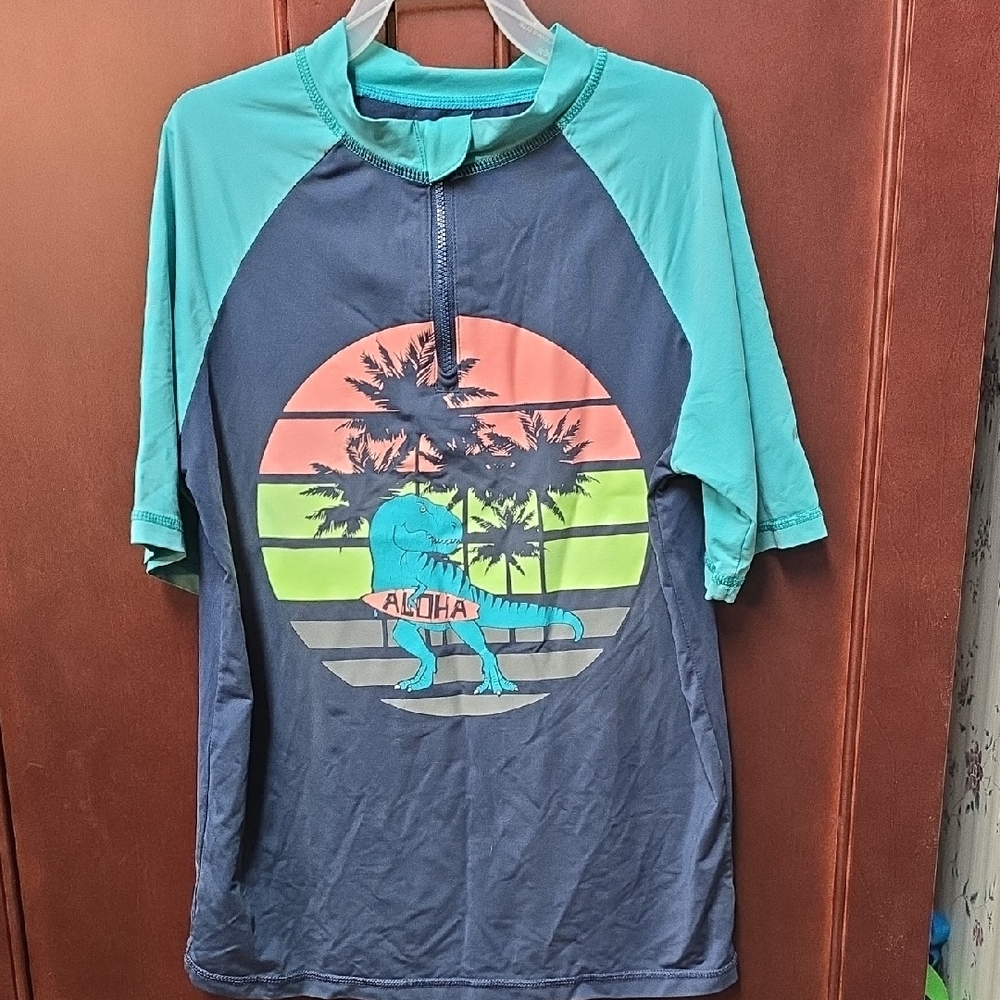 Well Used. Kids' Aloha Dino Rash Guard - Teal & Navy Size 10/12